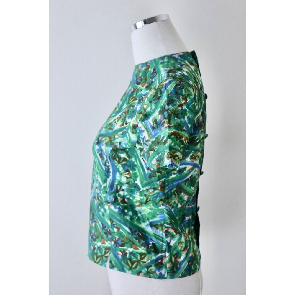 Vintage 1960s Abstract Print Short Sleeve Blouse Button Back Top Poly Crepe - Picture 7 of 10